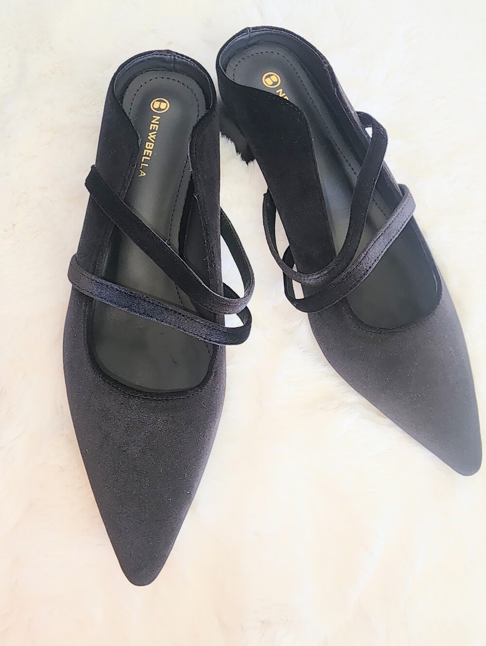 NEWBELLA Women's Pointed Toe Mules with Adjustable Strap, Low Block Heel Backle